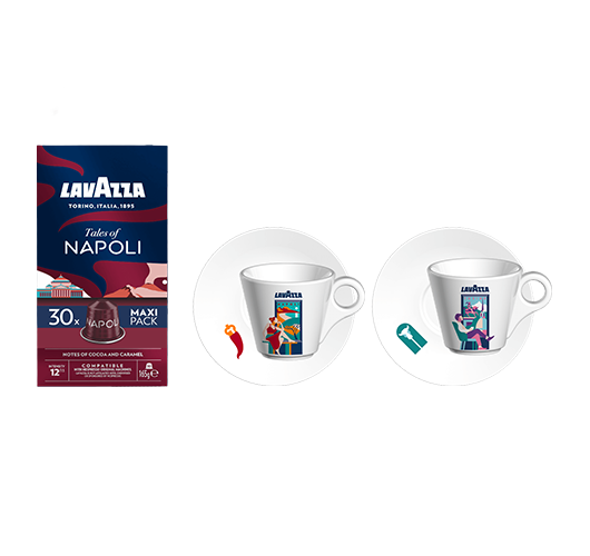 Coffret Tales of Napoli 180 capsules Nespresso® + Set Espresso Turin et Naples offert